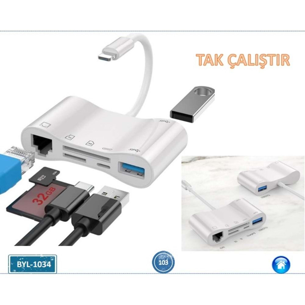 Concord BYL-1034 İphone Şarj Usb 3.0 Kart Okucuyu RJ45 Usb Lan Çevirici 100Mhz