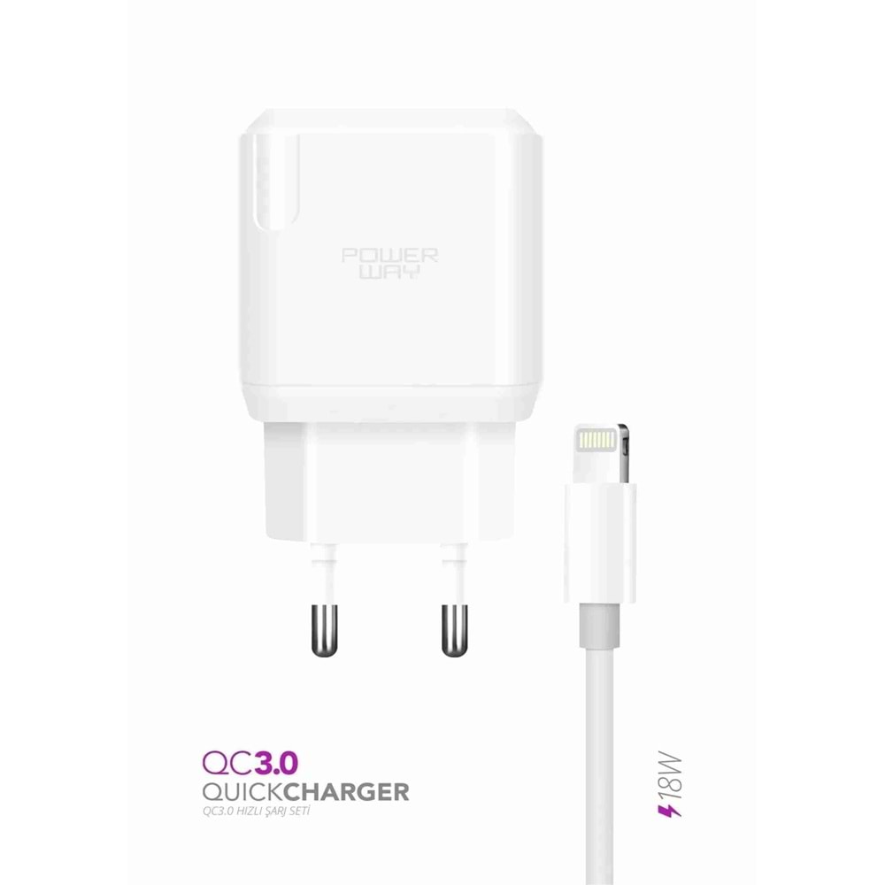 Powerway QCL30 (qc 3.0) Iphone 18w Hızlı Şarj Lightning Ios Şarj Cihazı (kablo Dahil) Tüm Cihazlarla Uyumlu