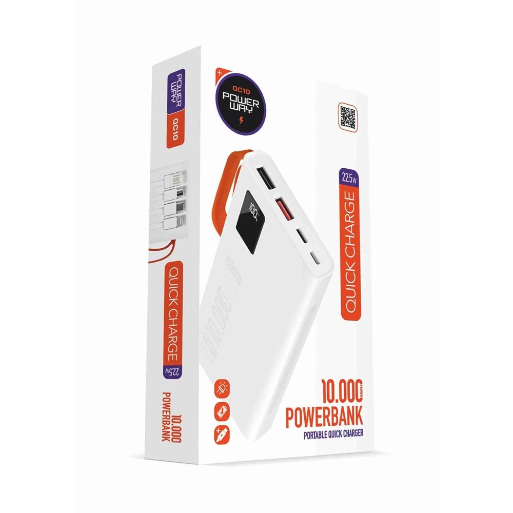 Powerway QC10 10.000 Mah Pd 22.5W Dahili Kablolu Hızlı Şarj Led Fener Gerçek 10.000 Mah Powerbank