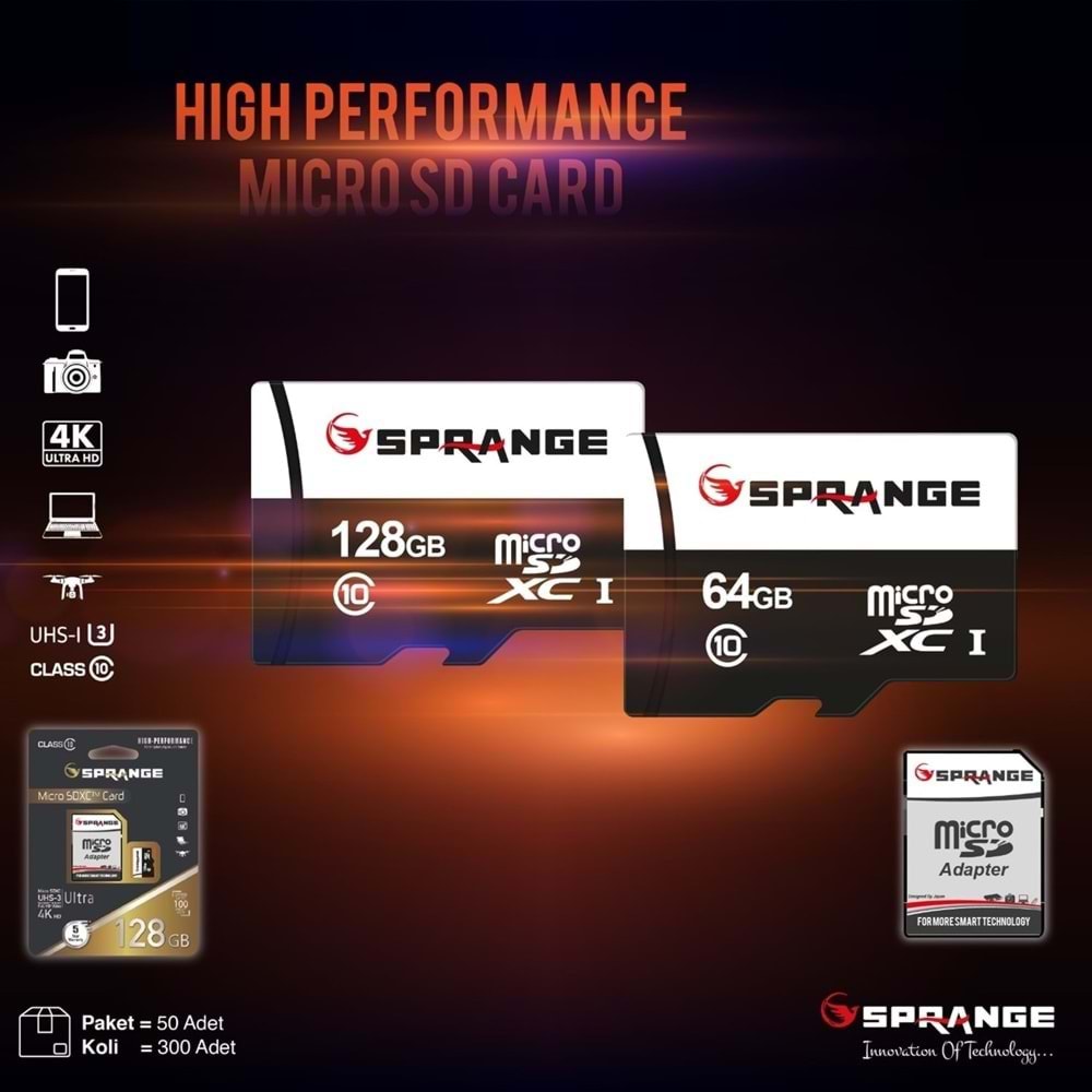 Sprange SM-64 64 GB Class10 Micro SDXC UHS-3 4K HD Ultra Hafıza Kartı