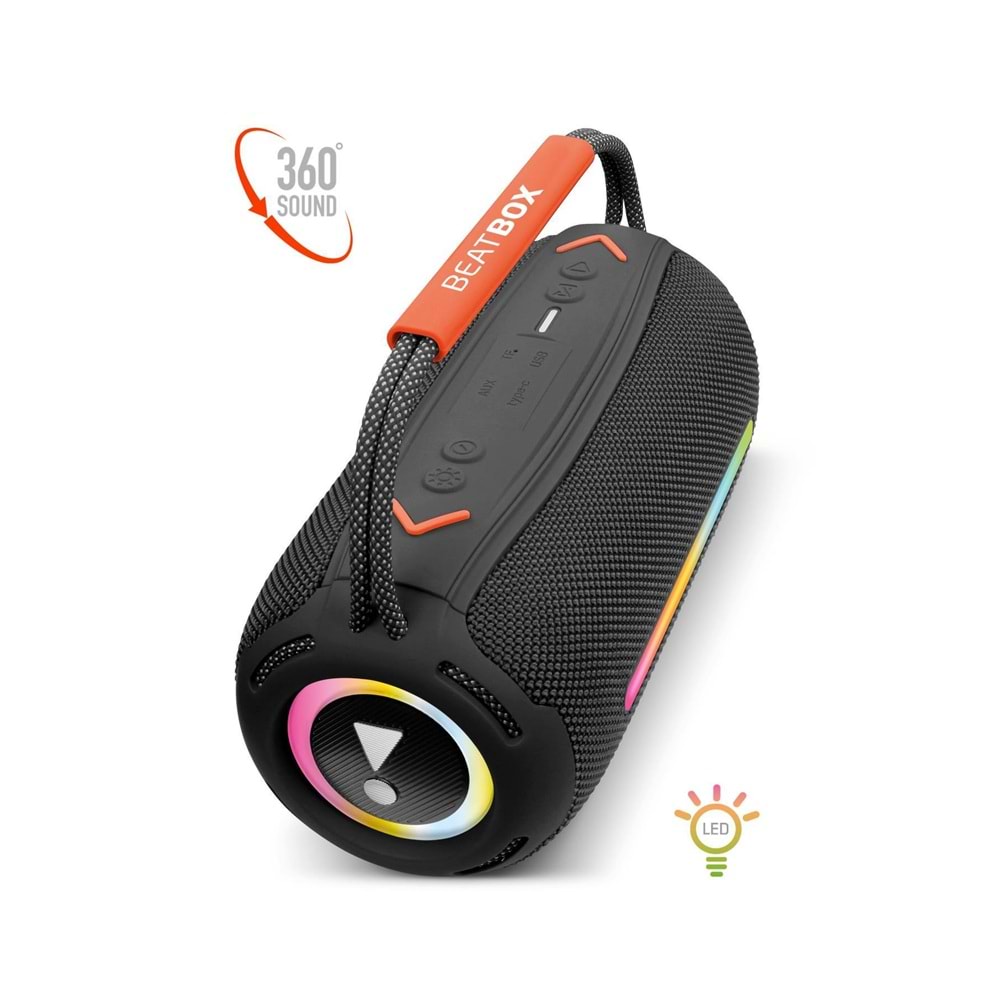 Powerway BEATBOX Siyah Led Işıklı Dayanıklı Ses Bombası Usb Sd Aux FM Radyo Bluetooh Hoparlör