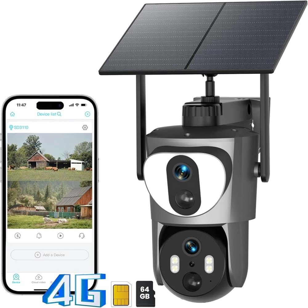 Mpıa SD210 Çift Kamera 4G 3+3MP İP Wifi Full HD Suya Dayanıklı Ledli Gece Görüşlü 2 Antanli Hareketli Kamera