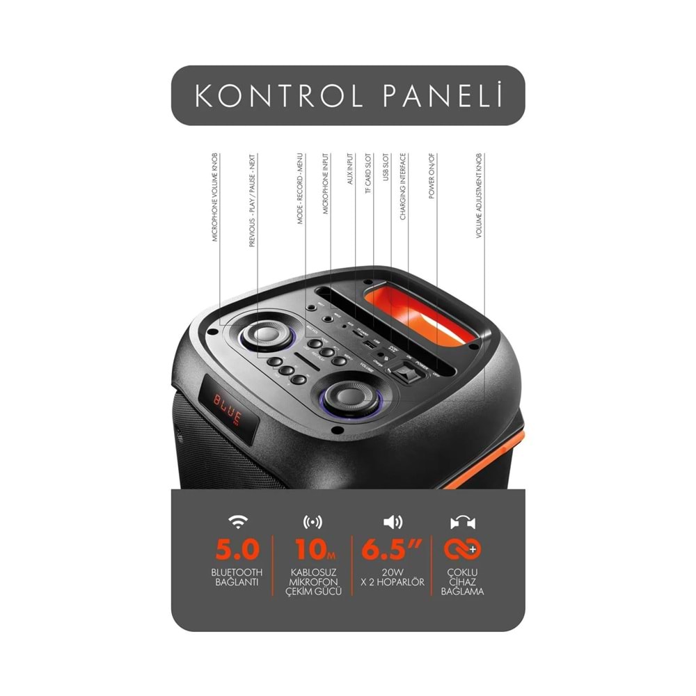 Powerway DUO XL Taşınabilir Mikrofonlu 20x2 W Karaoke Ses Kayıt Bluetooth Hoparlör Led Işıklı