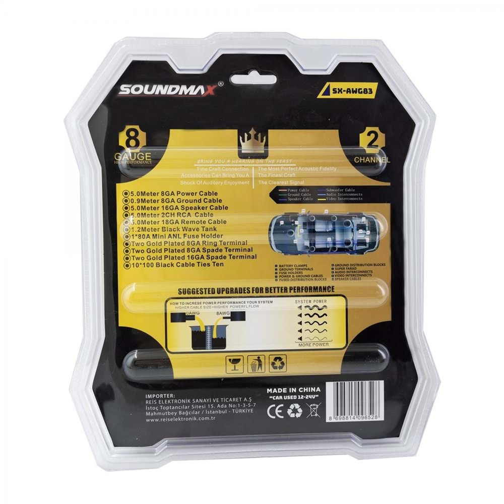 Soundmx SX-AWG83 8GA Oto Anfi Kablo Seti