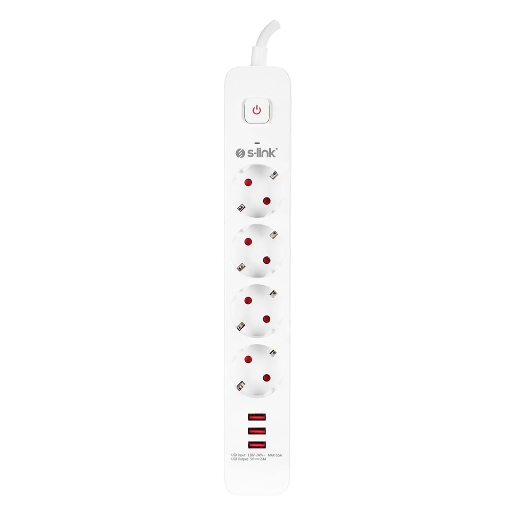 S-link SPG403U 1.5m 1.5mm 100% Bakır 750 Joule 3 Usb 5V2.4A 4lü Anahtarlı Akım Korumalı Priz