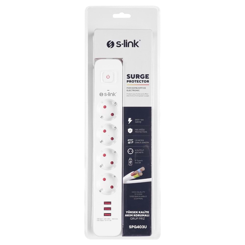 S-link SPG403U 1.5m 1.5mm 100% Bakır 750 Joule 3 Usb 5V2.4A 4lü Anahtarlı Akım Korumalı Priz
