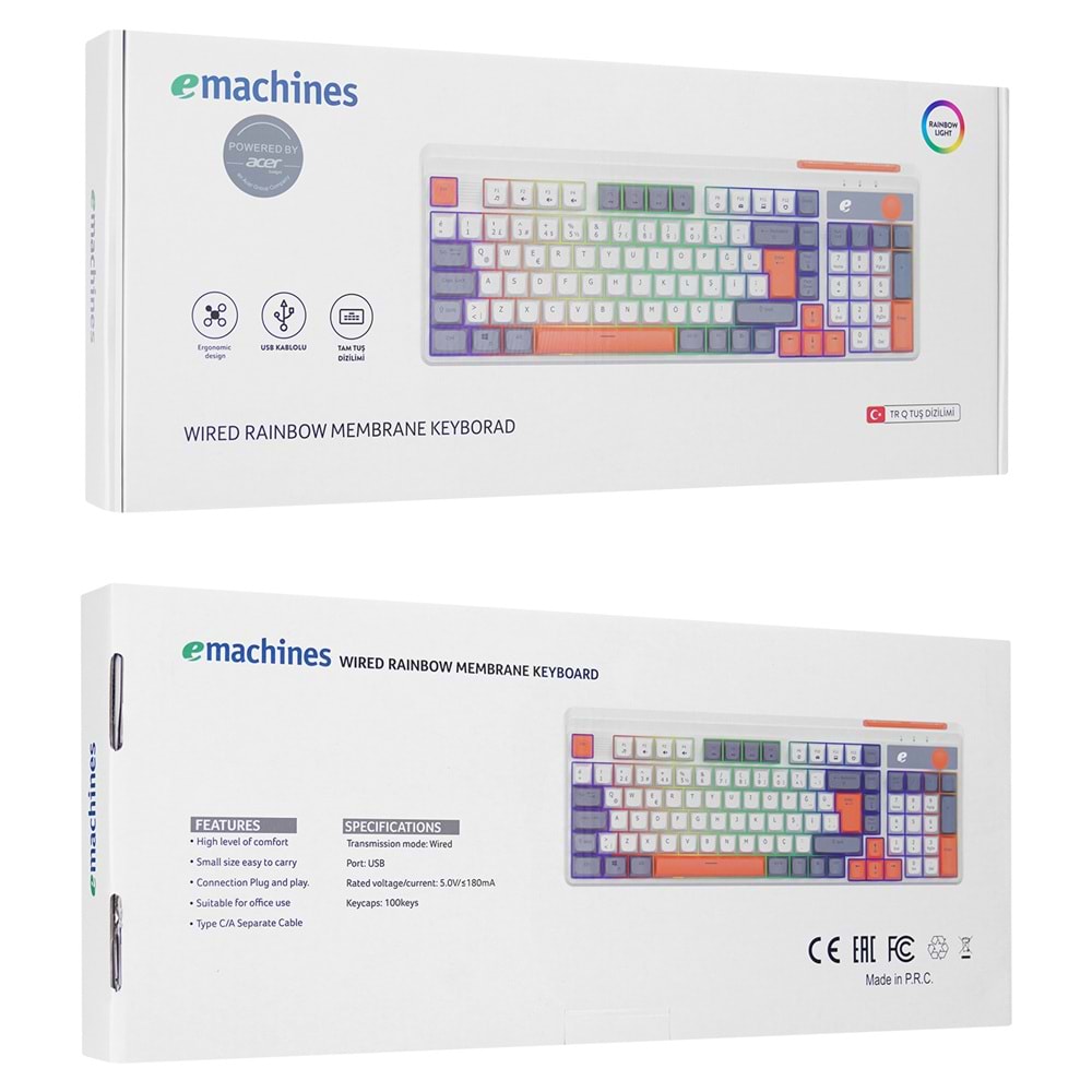 Acer eMachines EAK860 Beyaz USB Rainbow Aydınlatmalı Q Standart Kompakt Klavye