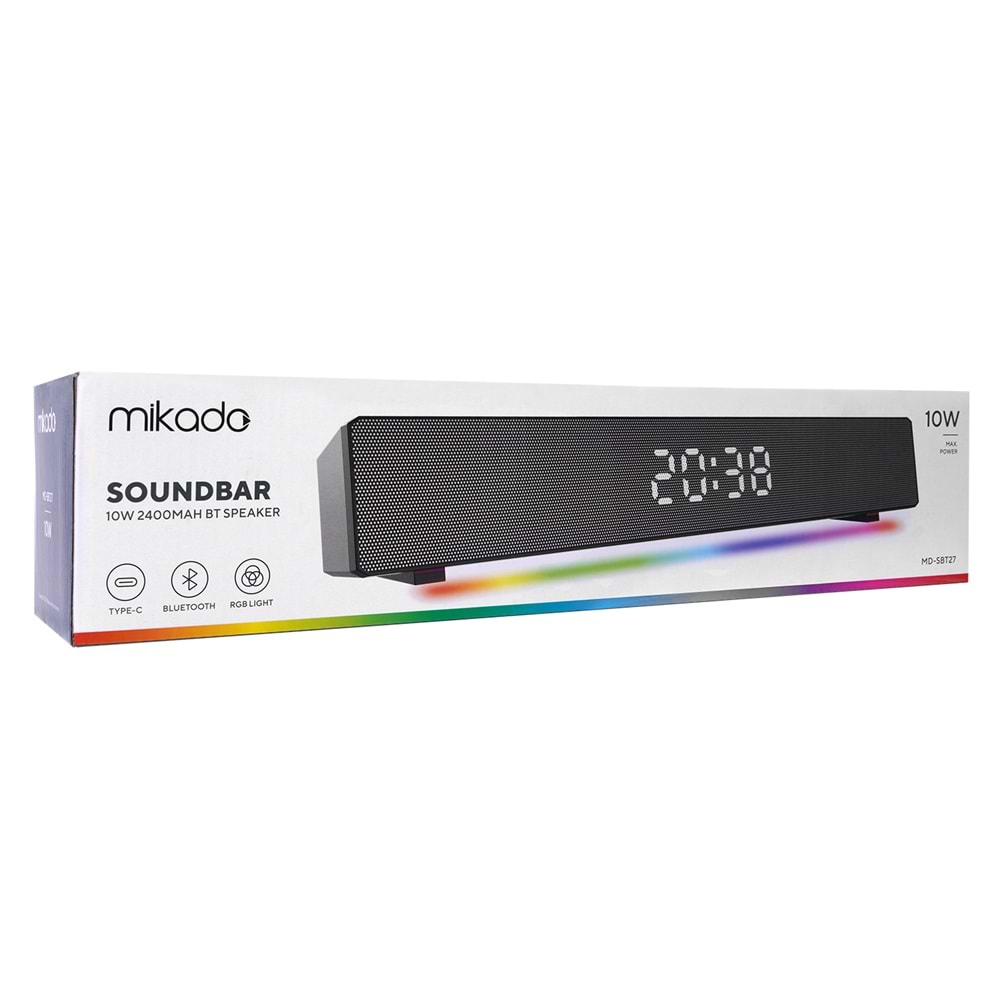 Mikado MD-SBT27 Siyah 10W 2400mAh BT,RGB,Alarm,Clock,TF Card Type-C,USB Soundbar Speaker