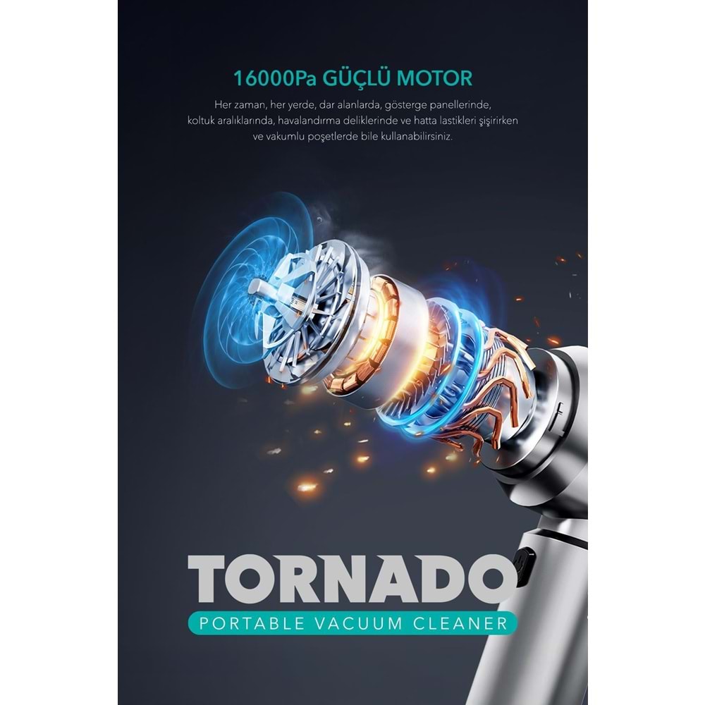 Shıbumı TORNADO 100W Şarjlı Kablosuz Araç İçi Süpürge Gerçek 16000PA Güçlü Üfleme & Vakum Aksesuarlı Type-c