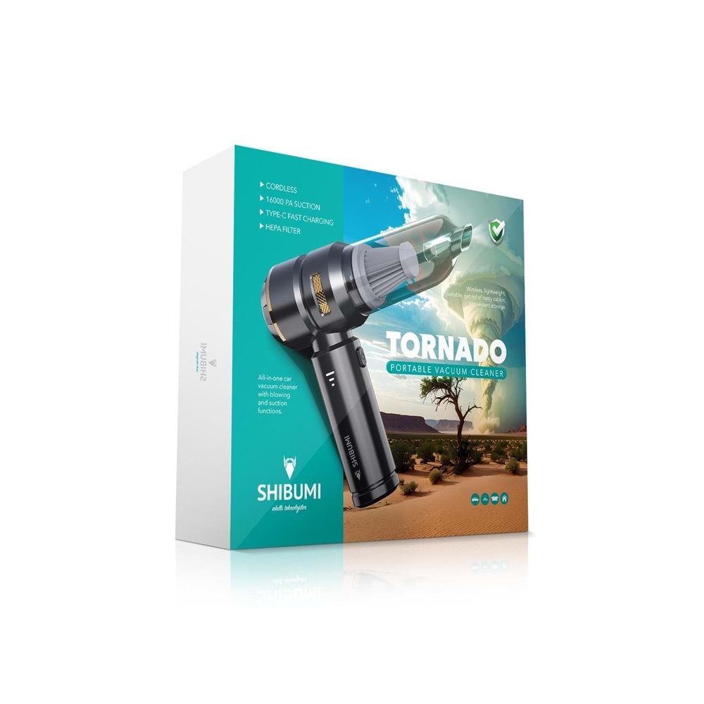 Shıbumı TORNADO 100W Şarjlı Kablosuz Araç İçi Süpürge Gerçek 16000PA Güçlü Üfleme & Vakum Aksesuarlı Type-c