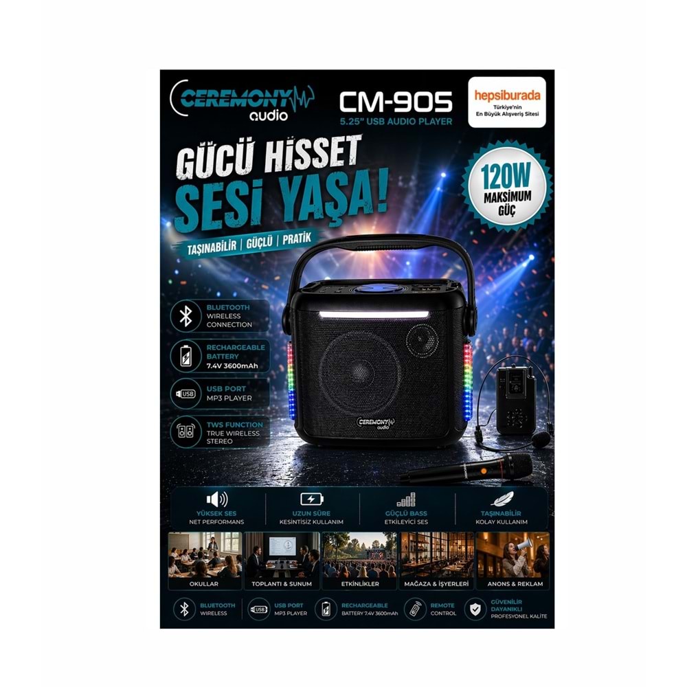 Ceremony Audio CM-905 5.25 Inç 120WATT Taşınabilir Bluetooth Hoparlör Tws Disco Light