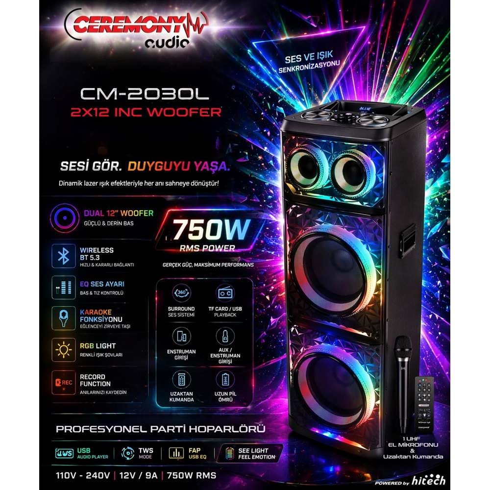 Ceremony Audio CM-2030L Profesyonel Portatif Bluetooth Hoparlör Tws 750W Rms 1 Ad. Uhf Mik Özel Tasarım