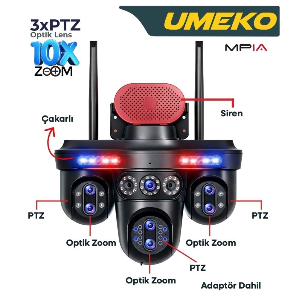 Mpıa UMEKO 28 MP 7 Lens 3*PTZ 10X Optic Zoom Wi-Fi Kamera