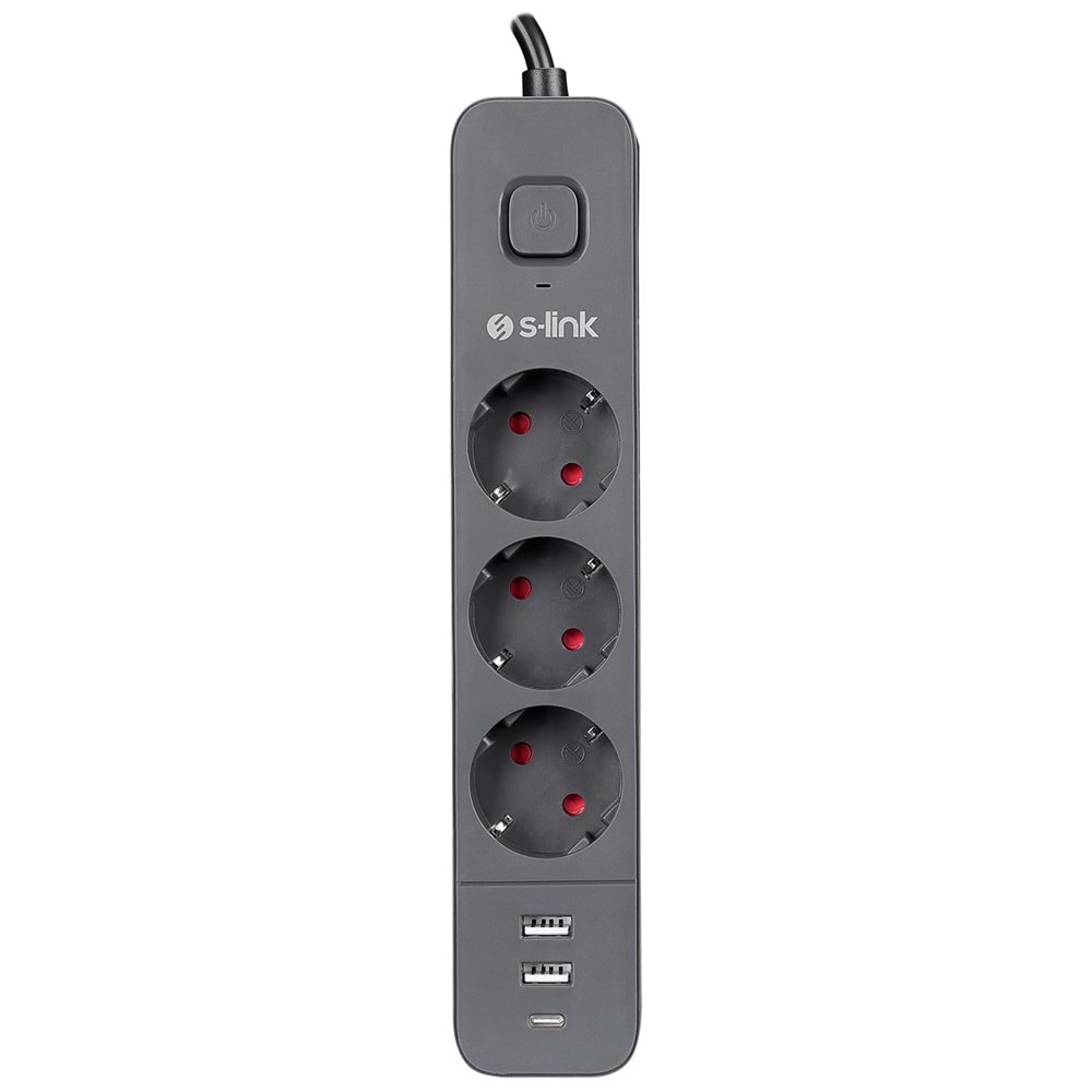 S-link SPG03TC 2 Usb +1Type C 5V2.4A 1.5m 3x1.00mm 100% Bakır 750Joule 3 lü Anahtarlı Akım Korumalı Beyaz Priz