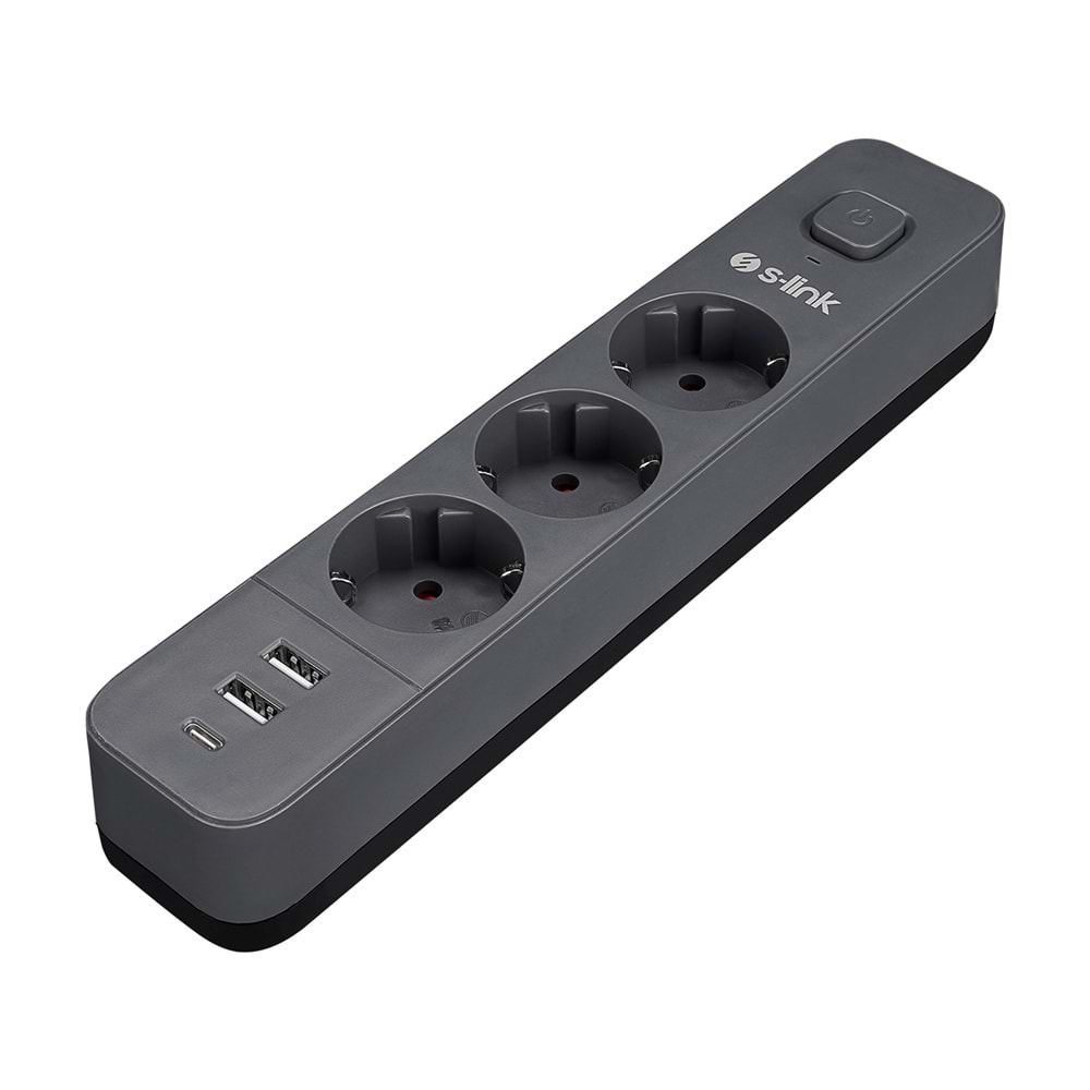 S-link SPG03TC 2 Usb +1Type C 5V2.4A 1.5m 3x1.00mm 100% Bakır 750Joule 3 lü Anahtarlı Akım Korumalı Beyaz Priz