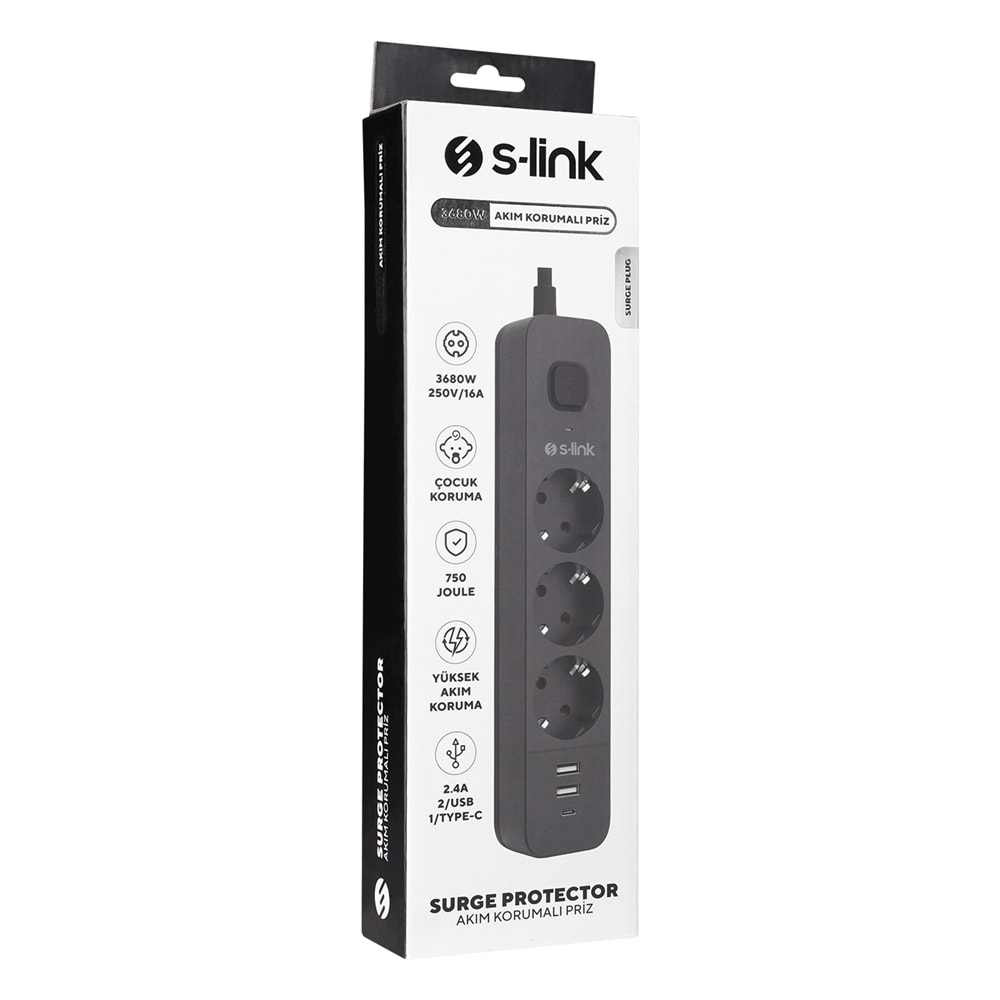 S-link SPG03TC 2 Usb +1Type C 5V2.4A 1.5m 3x1.00mm 100% Bakır 750Joule 3 lü Anahtarlı Akım Korumalı Beyaz Priz