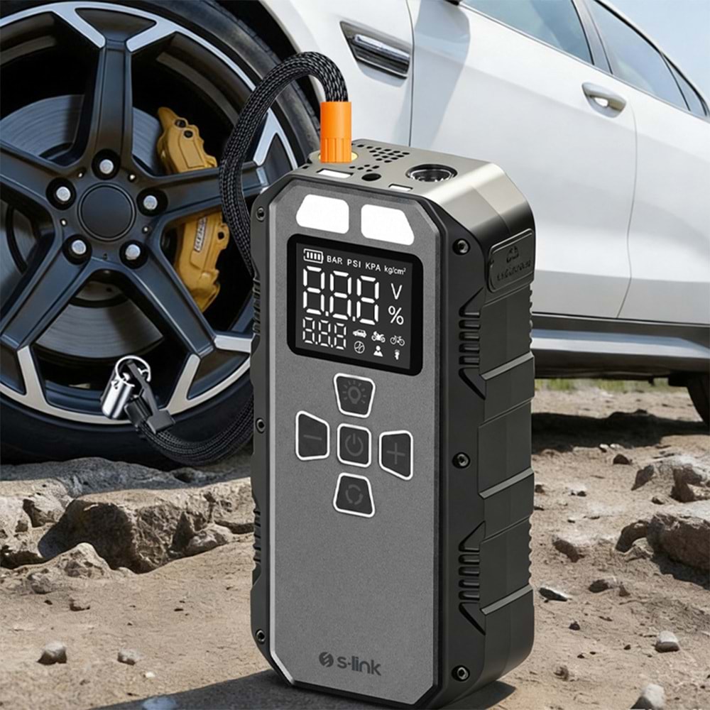 S-Link AKT2027 Koyu Gri 8000mAh 150 Psi 4 in1 Powerbank+ LED IşıkLastik Sisirme Ve Akü Takviye cihazı