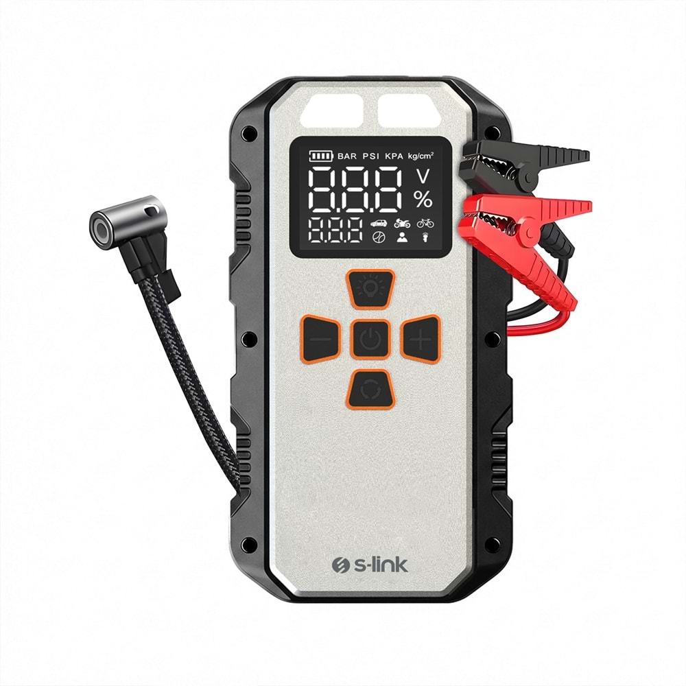 S-Link AKT2027 Gümüş 8000mAh 150 Psi 4 in1 Powerbank+ LED IşıkLastik Sisirme Ve Akü Takviye cihazı