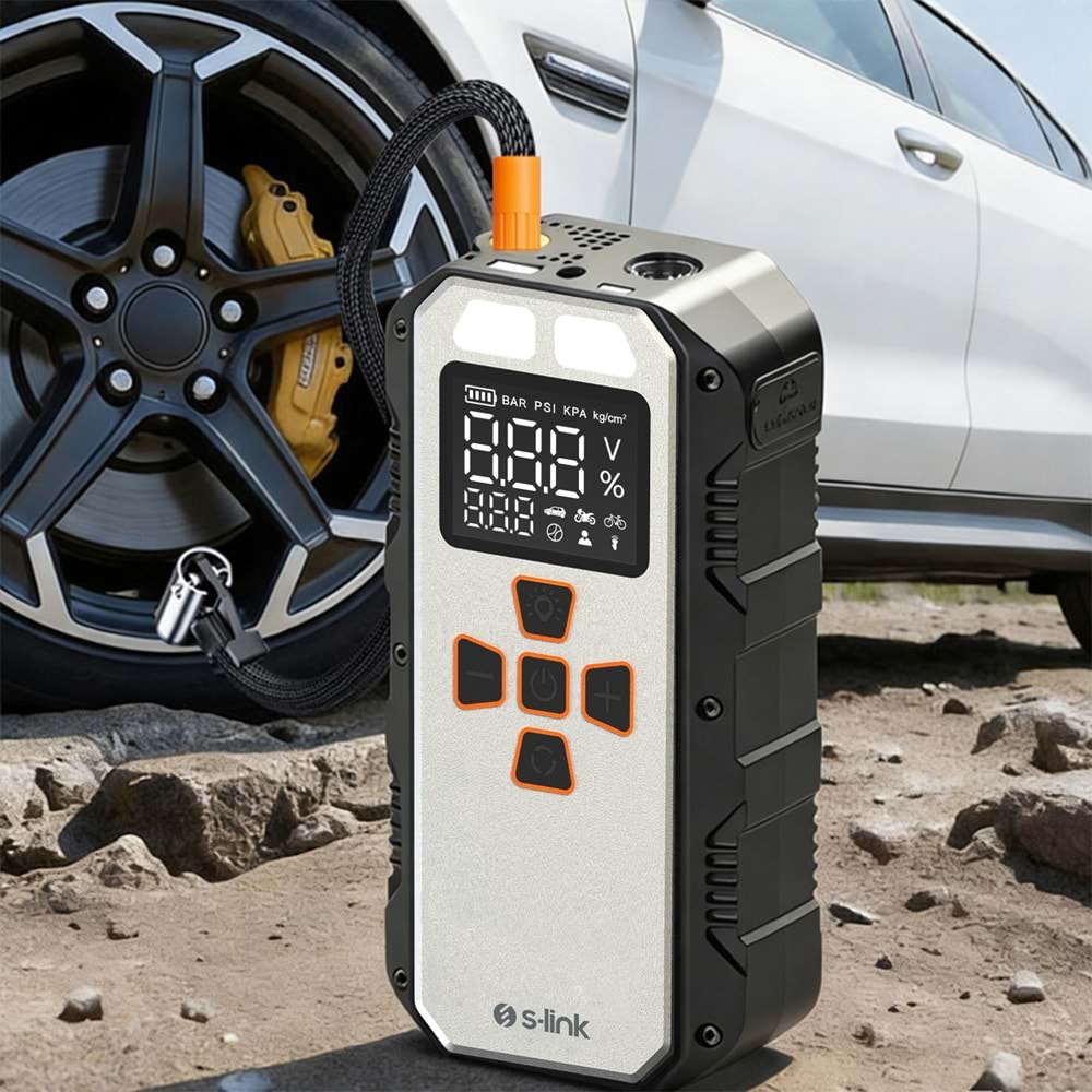 S-Link AKT2027 Gümüş 8000mAh 150 Psi 4 in1 Powerbank+ LED IşıkLastik Sisirme Ve Akü Takviye cihazı