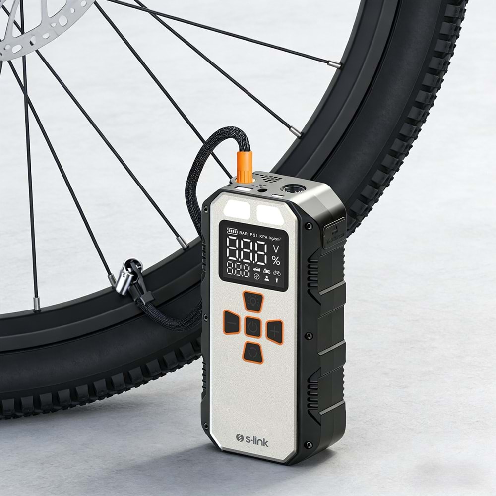 S-Link AKT2027 Gümüş 8000mAh 150 Psi 4 in1 Powerbank+ LED IşıkLastik Sisirme Ve Akü Takviye cihazı