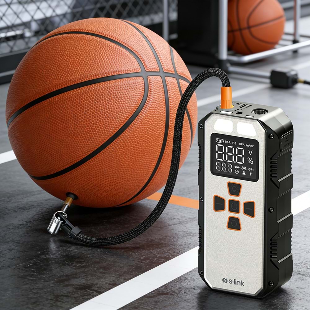 S-Link AKT2027 Gümüş 8000mAh 150 Psi 4 in1 Powerbank+ LED IşıkLastik Sisirme Ve Akü Takviye cihazı