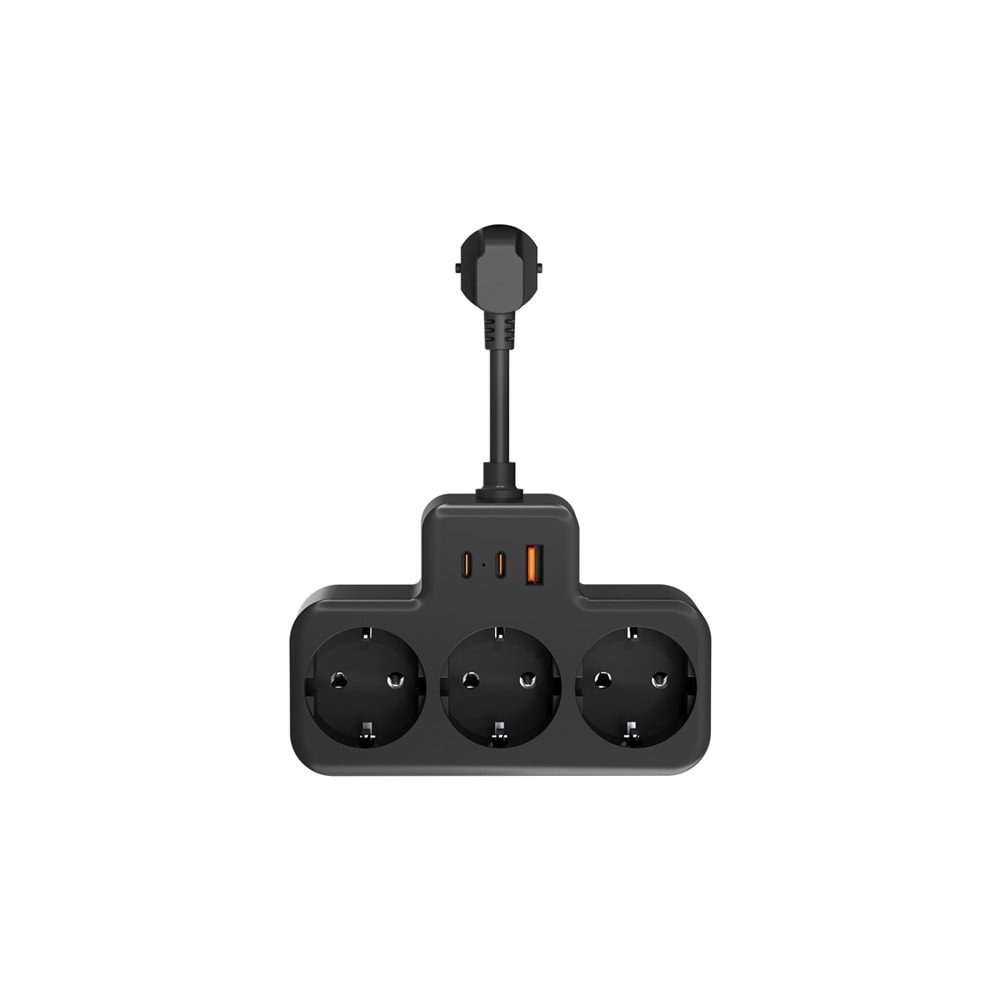 S-link PRZ07 Siyah 3 Soketli 15mm 1 Usb 2 Type-C PD20W 1050 JouleTam Bakır Kablolu Akım Korumalı Priz