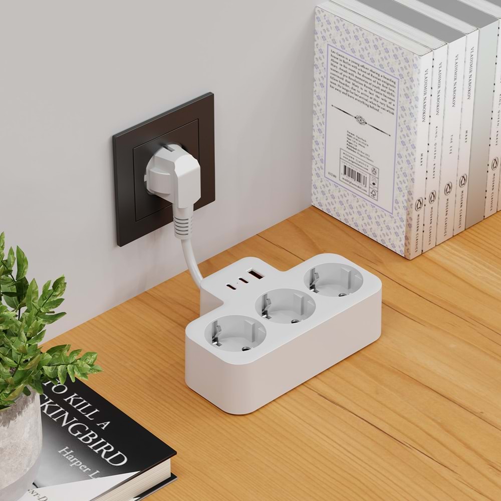 S-link PRZ07 Beyaz 3 Soketli 15mm 1 Usb 2 Type-C PD20W 1050 JouleTam Bakır Kablolu Akım Korumalı Priz