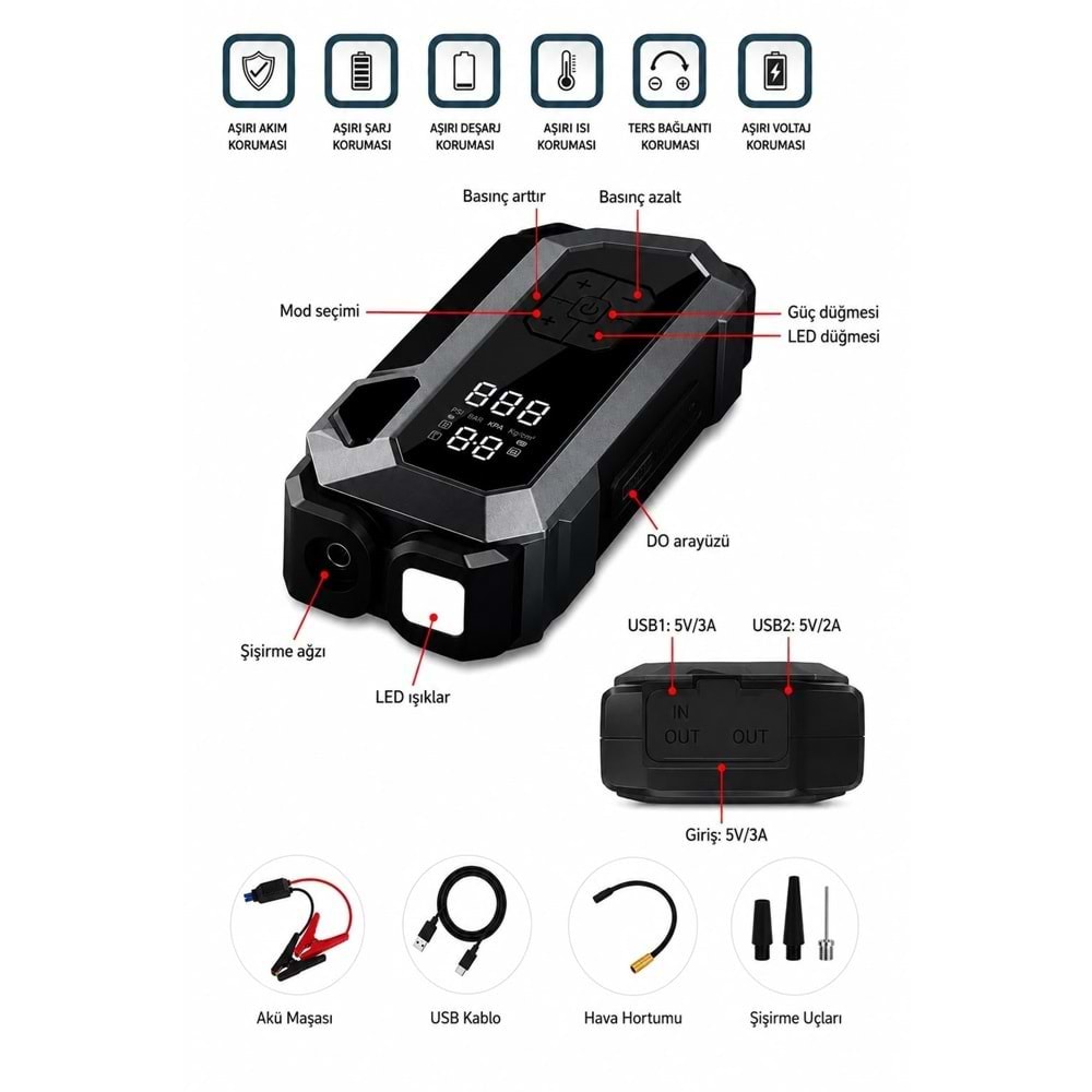 Portable Q18B 18.000 mAh Akü Takviye Cihazı & Hava Kompresörü