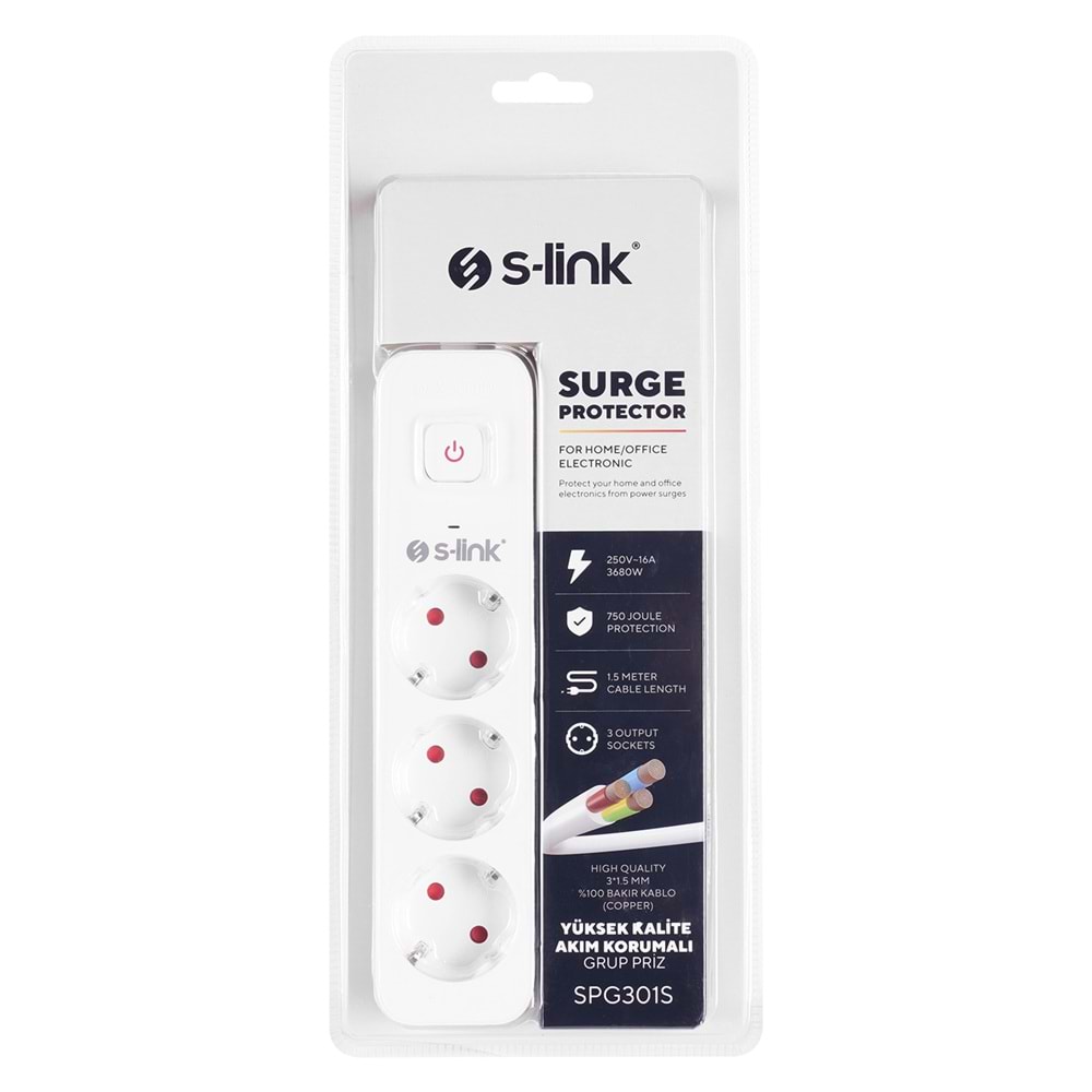 S-link SPG301S 1.5m 3x1.5mm 100% Bakır 750 Joule 3 lü Anahtarlı Akım Korumalı Priz