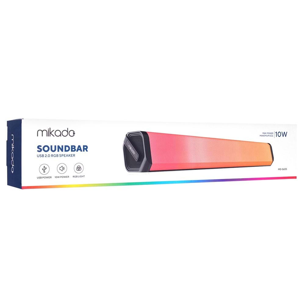 Mikado MD-S605 2x2 Aux Bağlantılı 5Wx2CH RGB Ledli Oyuncu Siyah USB Sound Bar Speaker Hoparlör