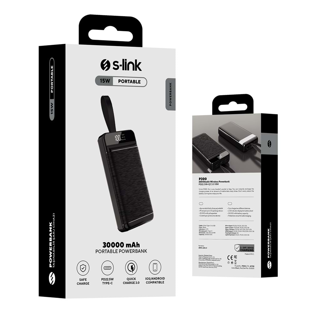 S-link P300 30000mAh PD22.5W+QC3.0 18W Siyah LCD Taşınabilir Pil Şarj Cihazı Powerbank