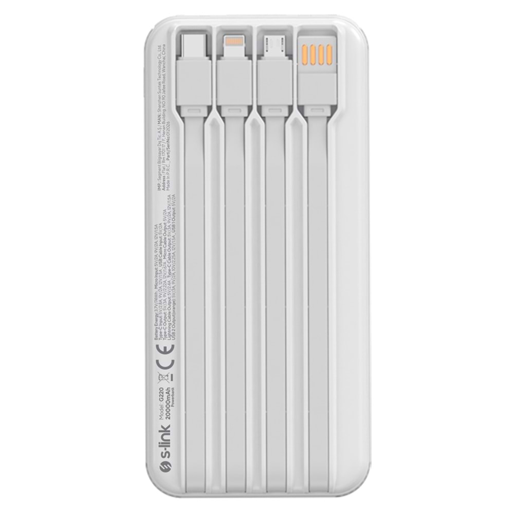 S-link IP-G220 20000mAh PD20W+QC3.0 Dahili Kablolu Beyaz LCD Taşınabilir Pil Şarj Cihazı Powerbank