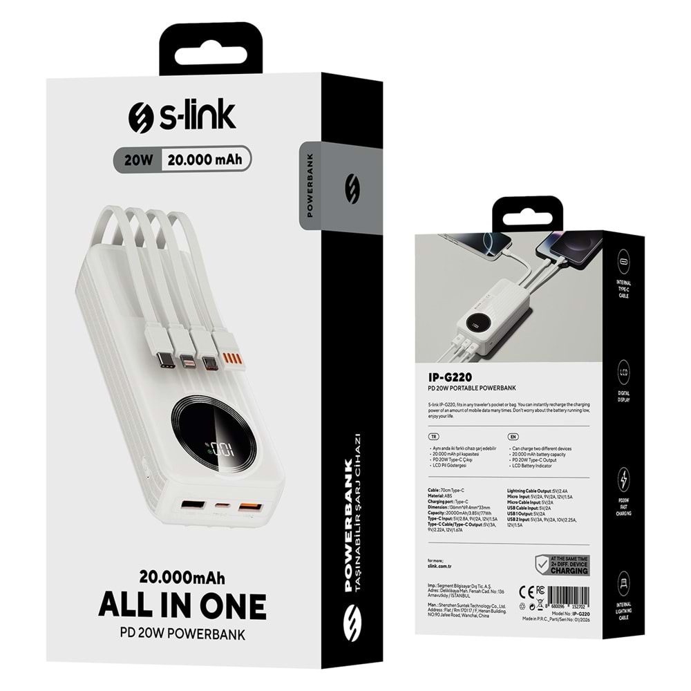 S-link IP-G220 20000mAh PD20W+QC3.0 Dahili Kablolu Beyaz LCD Taşınabilir Pil Şarj Cihazı Powerbank