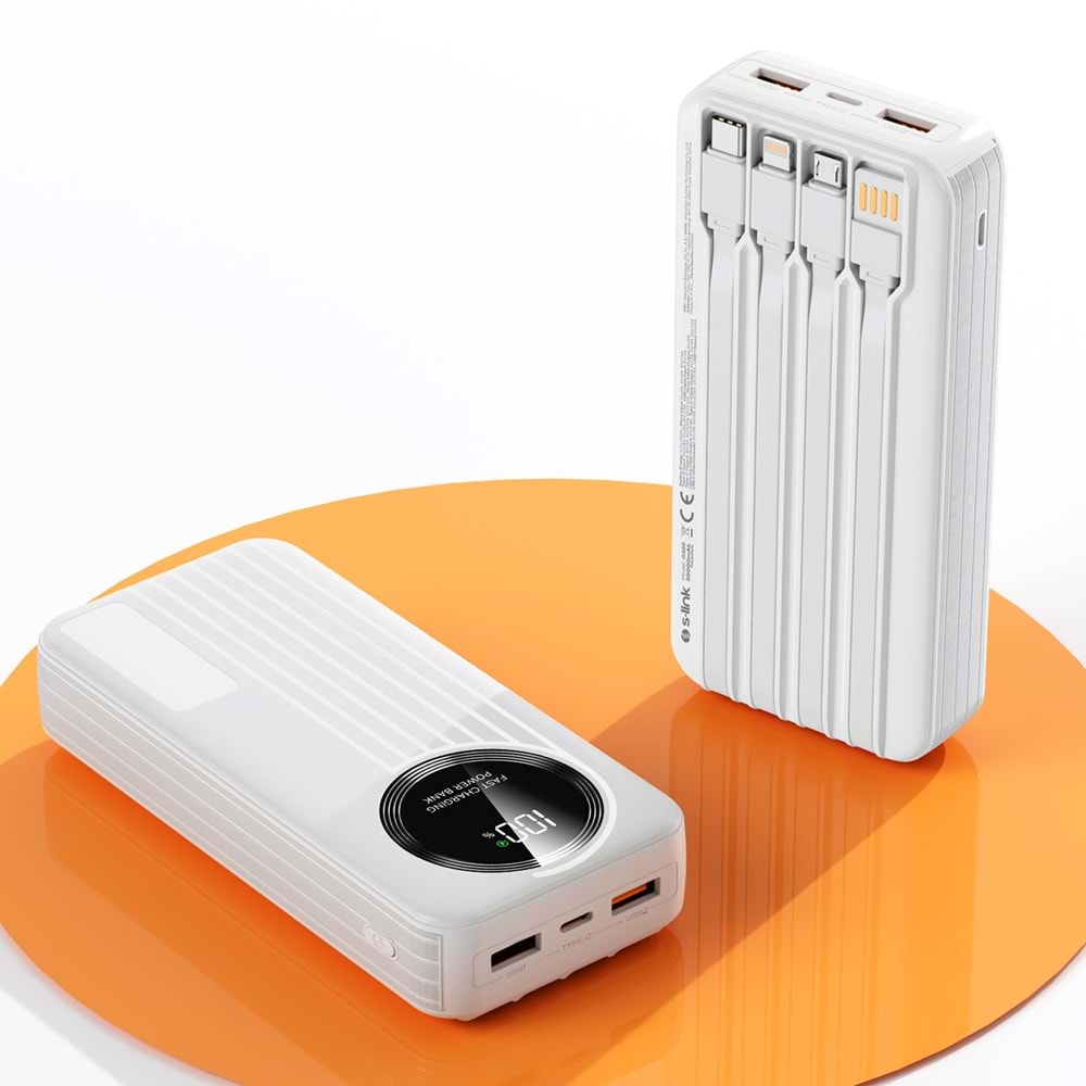 S-link IP-G220 20000mAh PD20W+QC3.0 Dahili Kablolu Beyaz LCD Taşınabilir Pil Şarj Cihazı Powerbank