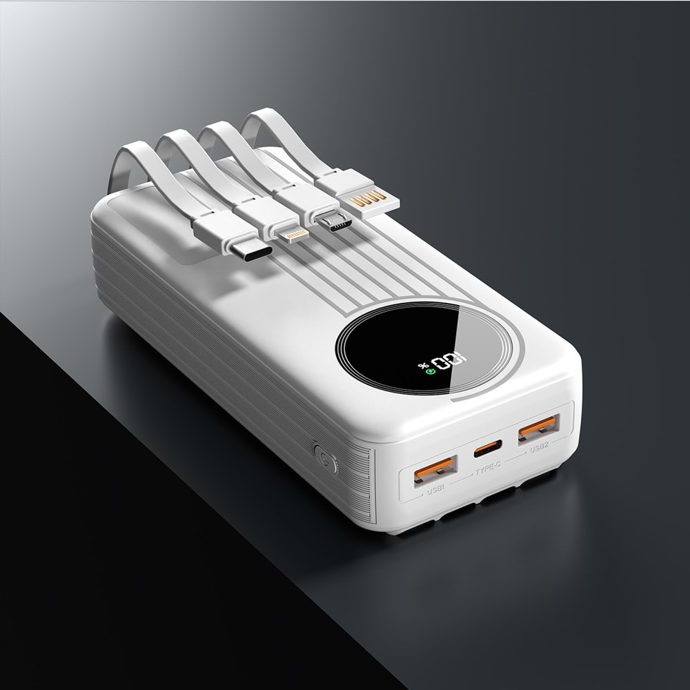 S-link IP-G220 20000mAh PD20W+QC3.0 Dahili Kablolu Beyaz LCD Taşınabilir Pil Şarj Cihazı Powerbank