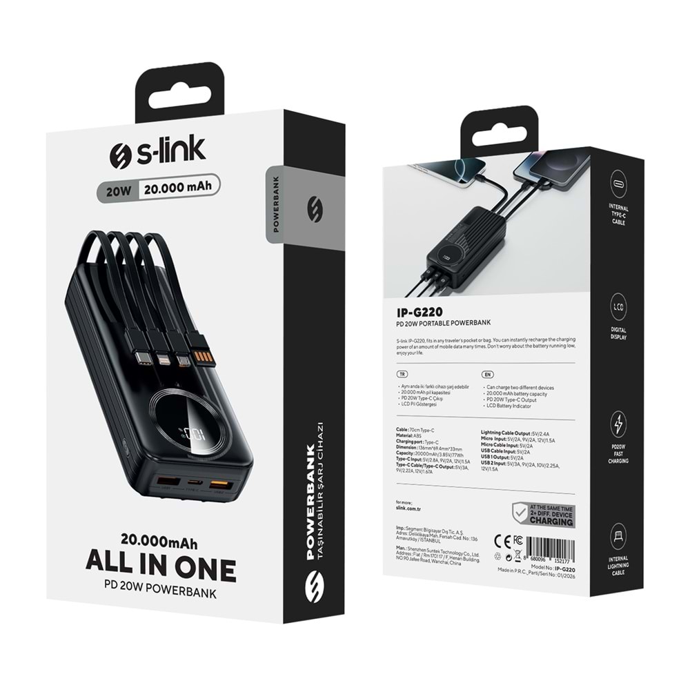 S-link IP-G220 20000mAh PD20W+QC3.0 Dahili Kablolu Siyah LCD Taşınabilir Pil Şarj Cihazı Powerbank