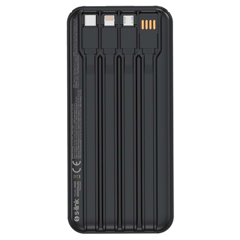 S-link IP-G220 20000mAh PD20W+QC3.0 Dahili Kablolu Siyah LCD Taşınabilir Pil Şarj Cihazı Powerbank