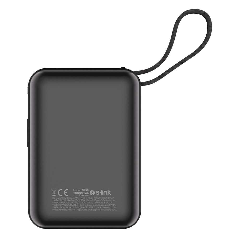 S-link G450 20000mAh PD45W+QC3.0 Dahili Kablolu Siyah LCD Taşınabilir Pil Şarj Cihazı Powerbank