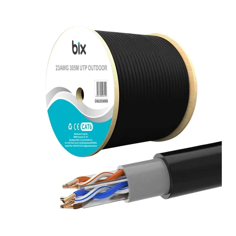 Bix C6U23305O-1 Outdoor UTP CAT6 4Pair x 1/0.57mm CCA PVC+PE JACKET 305M/Roll Ethernet Kablosu