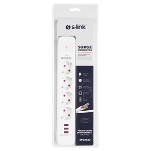 S-link SPG403U 1.5m 1.5mm 100% Bakır 750 Joule 3 Usb 5V2.4A 4lü Anahtarlı Akım Korumalı Priz