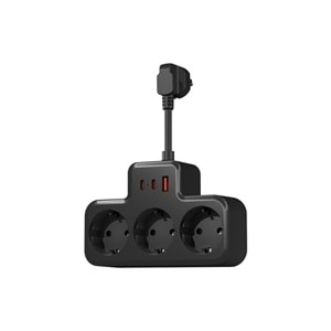 S-link PRZ07 Siyah 3 Soketli 15mm 1 Usb 2 Type-C PD20W 1050 JouleTam Bakır Kablolu Akım Korumalı Priz