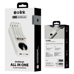 S-link IP-G220 20000mAh PD20W+QC3.0 Dahili Kablolu Beyaz LCD Taşınabilir Pil Şarj Cihazı Powerbank