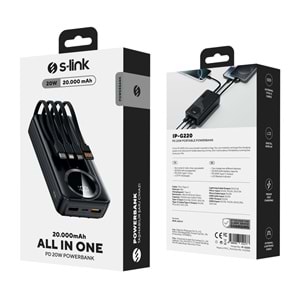 S-link IP-G220 20000mAh PD20W+QC3.0 Dahili Kablolu Siyah LCD Taşınabilir Pil Şarj Cihazı Powerbank