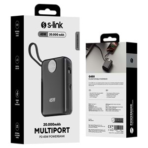 S-link G450 20000mAh PD45W+QC3.0 Dahili Kablolu Siyah LCD Taşınabilir Pil Şarj Cihazı Powerbank