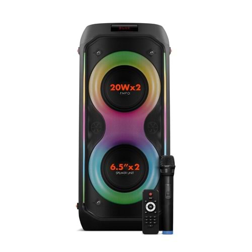 Powerway DUO XL Taşınabilir Mikrofonlu 20x2 W Karaoke Ses Kayıt Bluetooth Hoparlör Led Işıklı