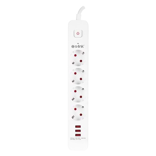 S-link SPG403U 1.5m 1.5mm 100% Bakır 750 Joule 3 Usb 5V2.4A 4lü Anahtarlı Akım Korumalı Priz
