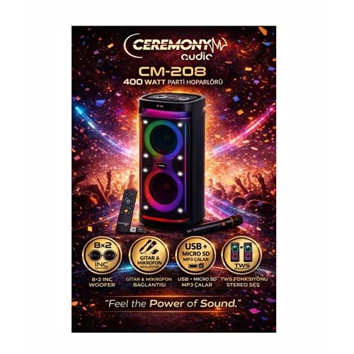 Ceremony Audio CM-210 Taşınabilir Bluetooth Parti Hoparlör 2X10 Inç Woofer 600WATT Tws Disco Lights