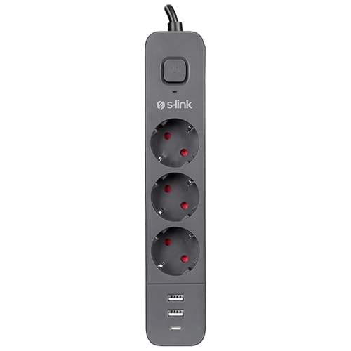 S-link SPG03TC 2 Usb +1Type C 5V2.4A 1.5m 3x1.00mm 100% Bakır 750Joule 3 lü Anahtarlı Akım Korumalı Beyaz Priz