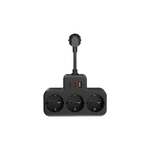 S-link PRZ07 Siyah 3 Soketli 15mm 1 Usb 2 Type-C PD20W 1050 JouleTam Bakır Kablolu Akım Korumalı Priz