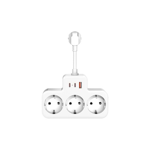 S-link PRZ07 Beyaz 3 Soketli 15mm 1 Usb 2 Type-C PD20W 1050 JouleTam Bakır Kablolu Akım Korumalı Priz